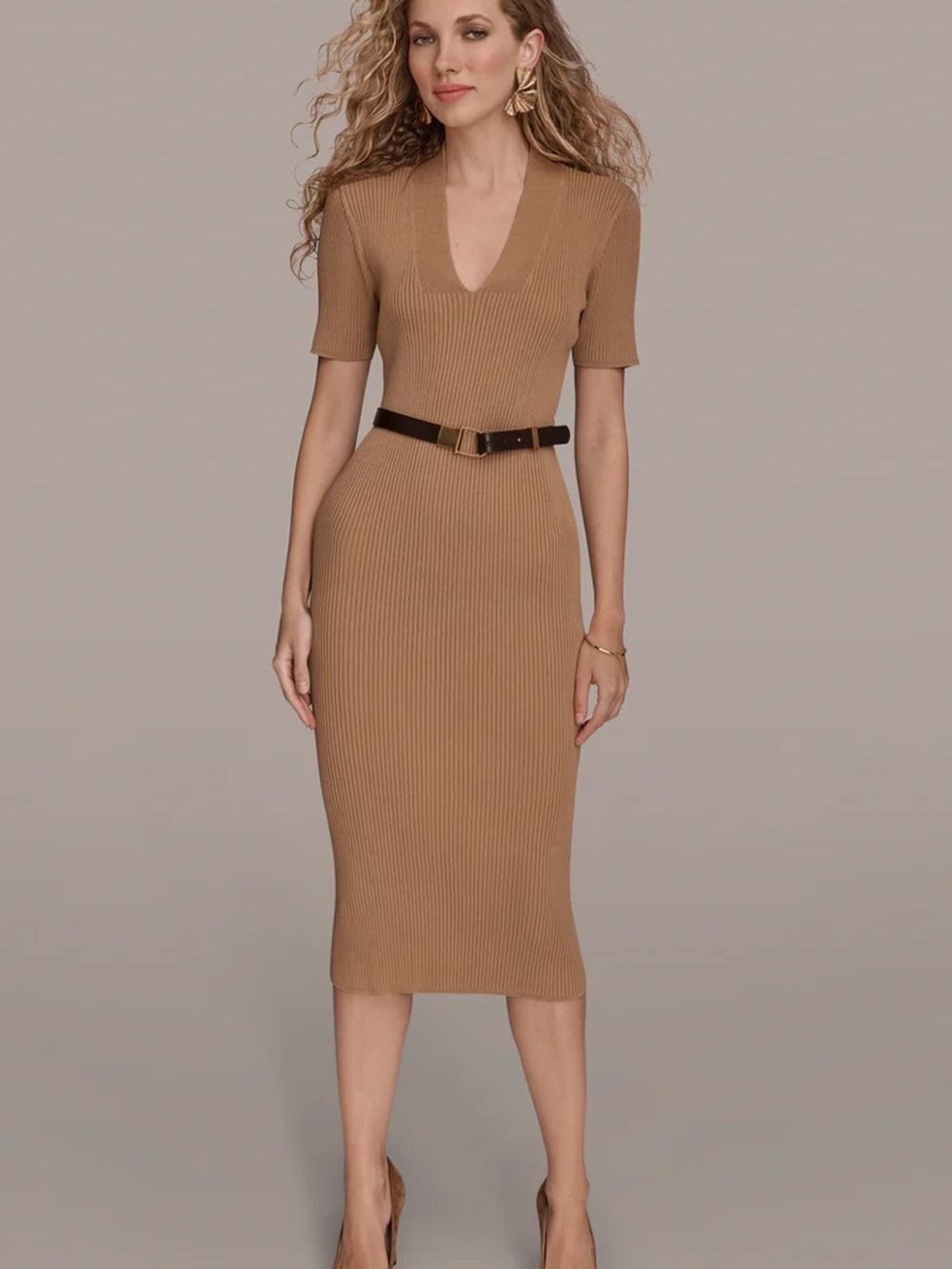 Donna Karen Ribbed V-Neck Midi